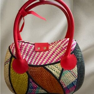 Source Unknown Multicolor Woven Shoulder Bag with Pink Handles